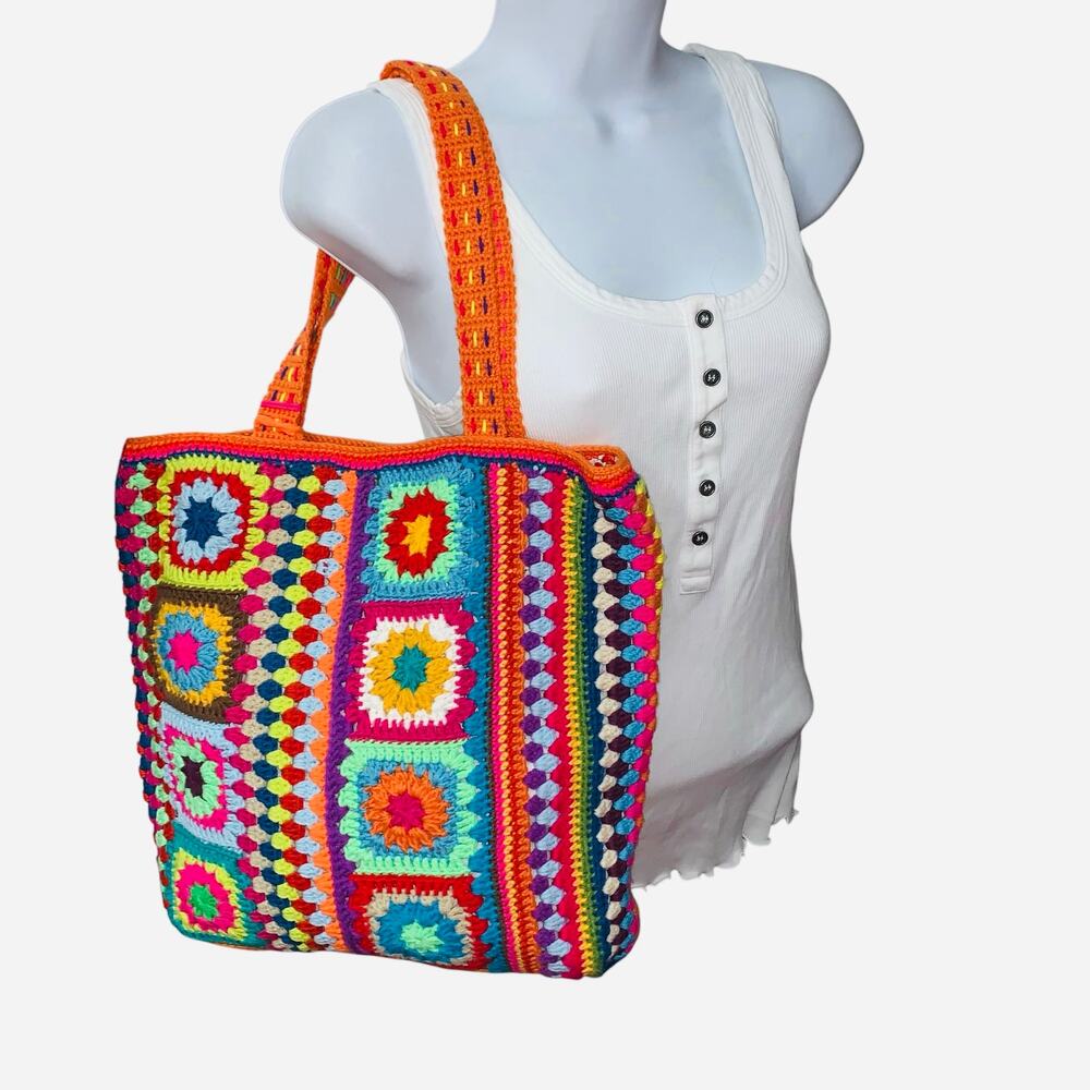 Handmade Crochet Granny Square Bag: Boho Cotton Shoulder Tote